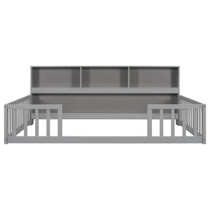 Full Floor Bed with Side Bookcase, Shelves, Guardrails