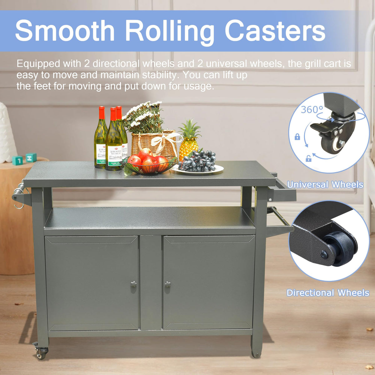 Metal Outdoor Grill Carts Cabinet with Wheels - Grey