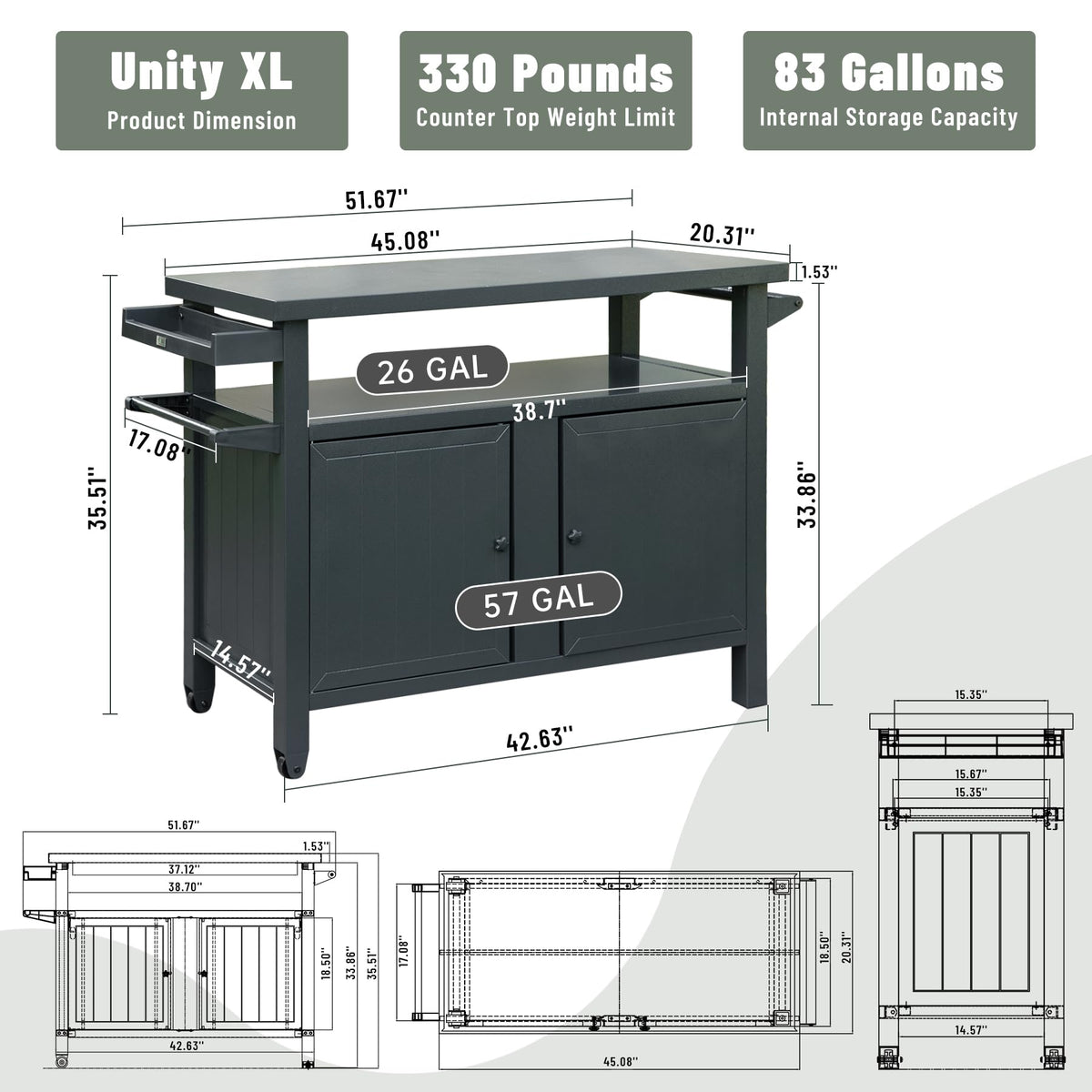 Metal Outdoor Grill Carts Cabinet with Wheels - Grey