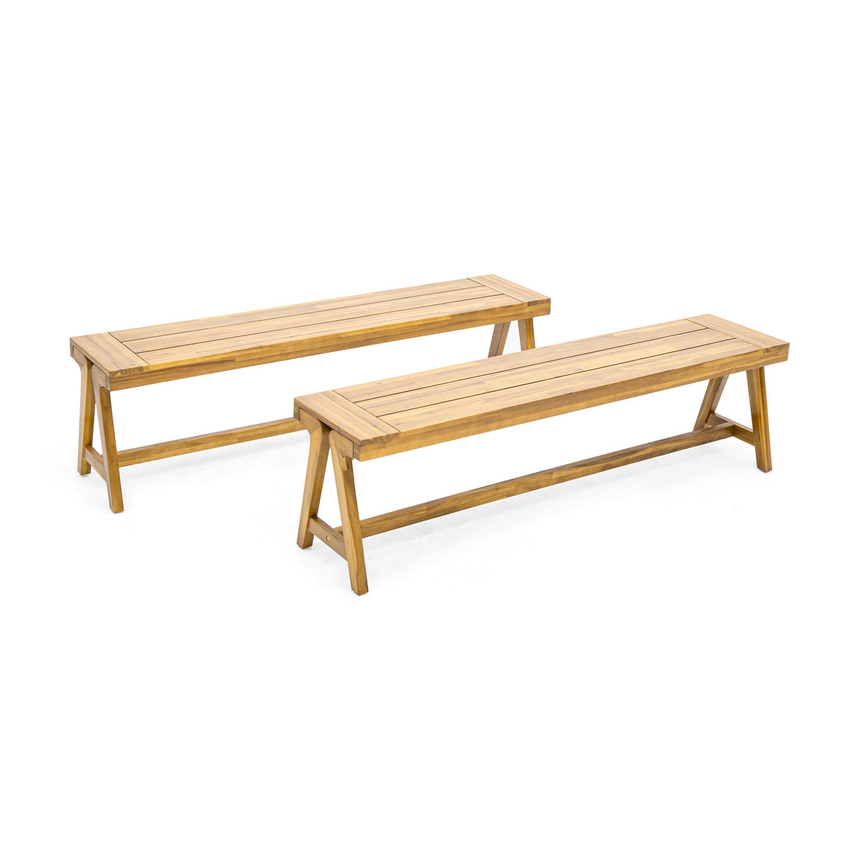 Outdoor Dining Benches (Set of 2) - Acacia Wood with Teak Finish
