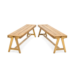 Outdoor Dining Benches (Set of 2) - Acacia Wood with Teak Finish