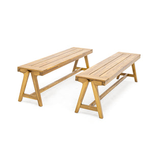 Outdoor Dining Benches (Set of 2) - Acacia Wood with Teak Finish