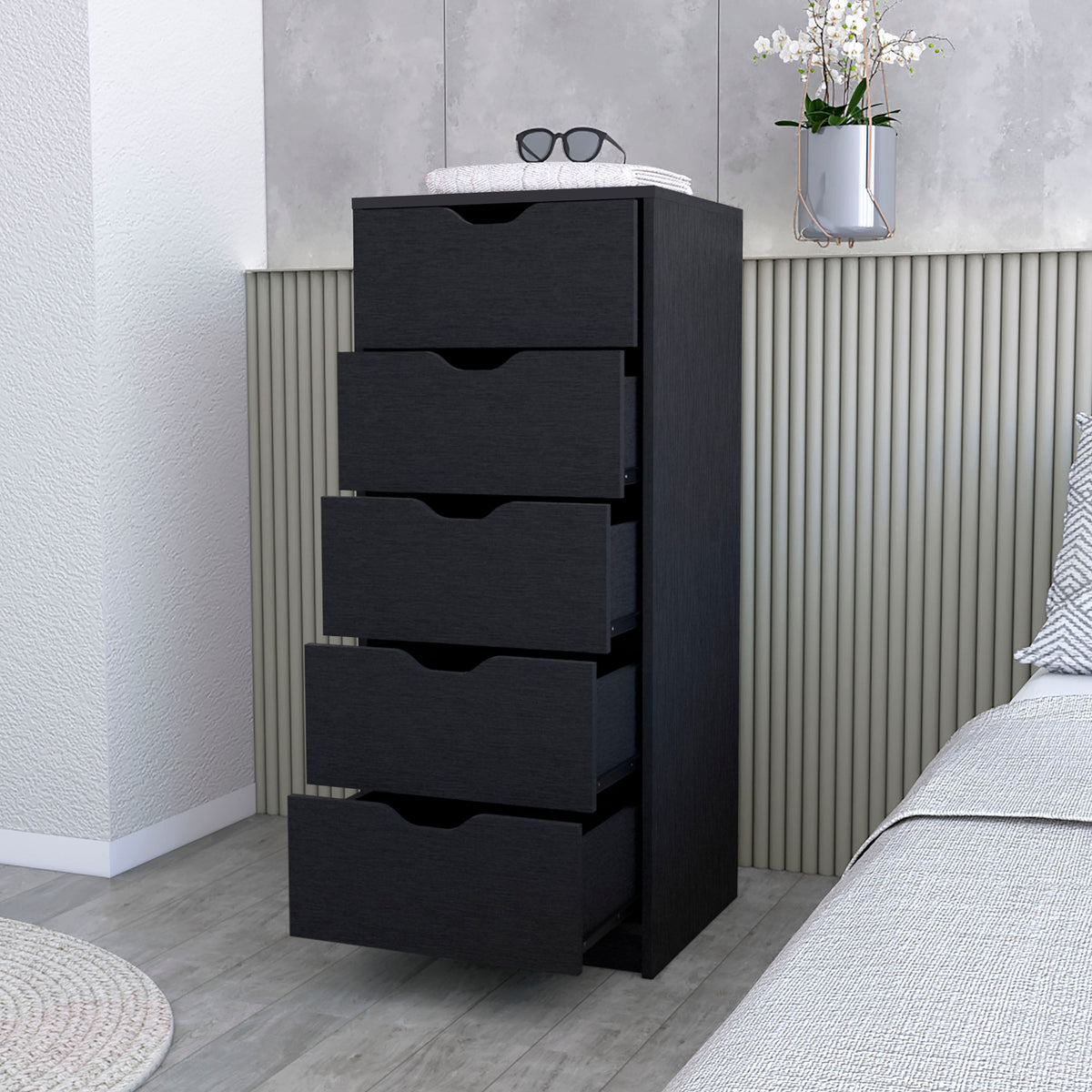 Wenge 5 Narrow Drawer Dresser with Compact Storage - Wenge