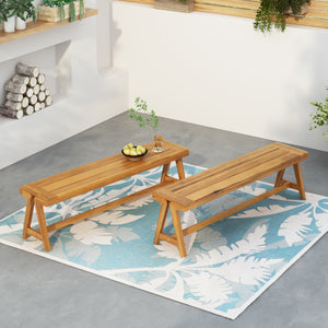 Outdoor Dining Benches (Set of 2) - Acacia Wood with Teak Finish