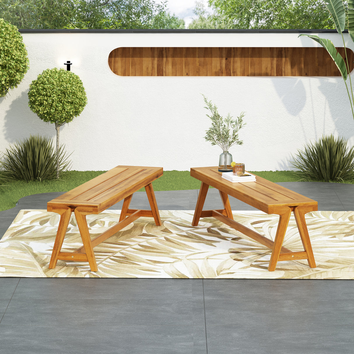 Outdoor Dining Benches (Set of 2) - Acacia Wood with Teak Finish