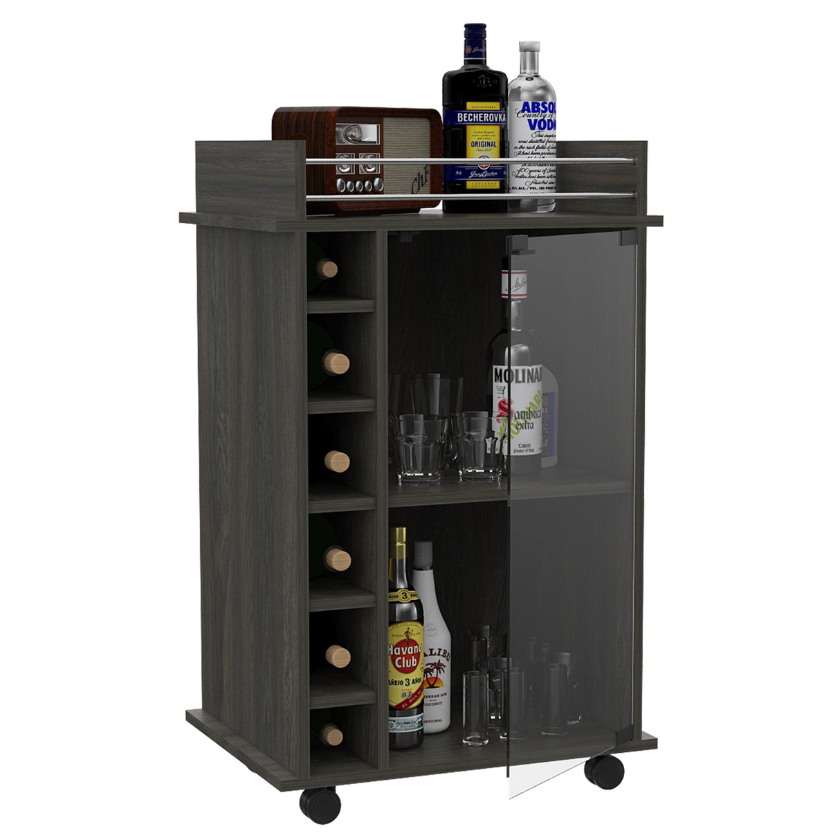 Dukat Bar Cart, Two Shelves, Six Built-in Wine Rack - Espresso