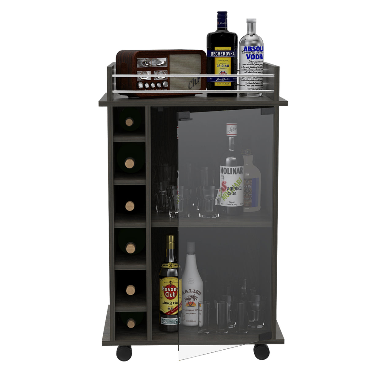 Dukat Bar Cart, Two Shelves, Six Built-in Wine Rack - Espresso