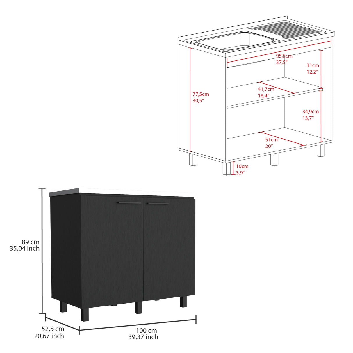Napoles 2 Utility Sink with Cabinet, Stainless Steel Countertop, Interior Shelf - Wenge
