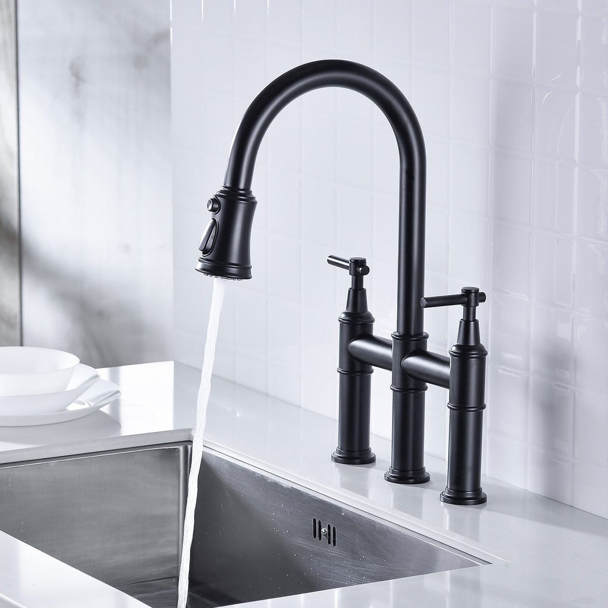 Bridge Kitchen Faucet with Pull-Down Sprayhead