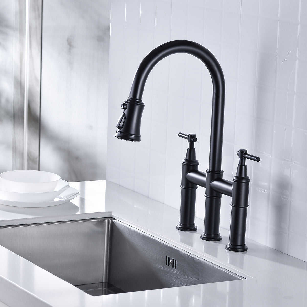 Bridge Kitchen Faucet with Pull-Down Sprayhead
