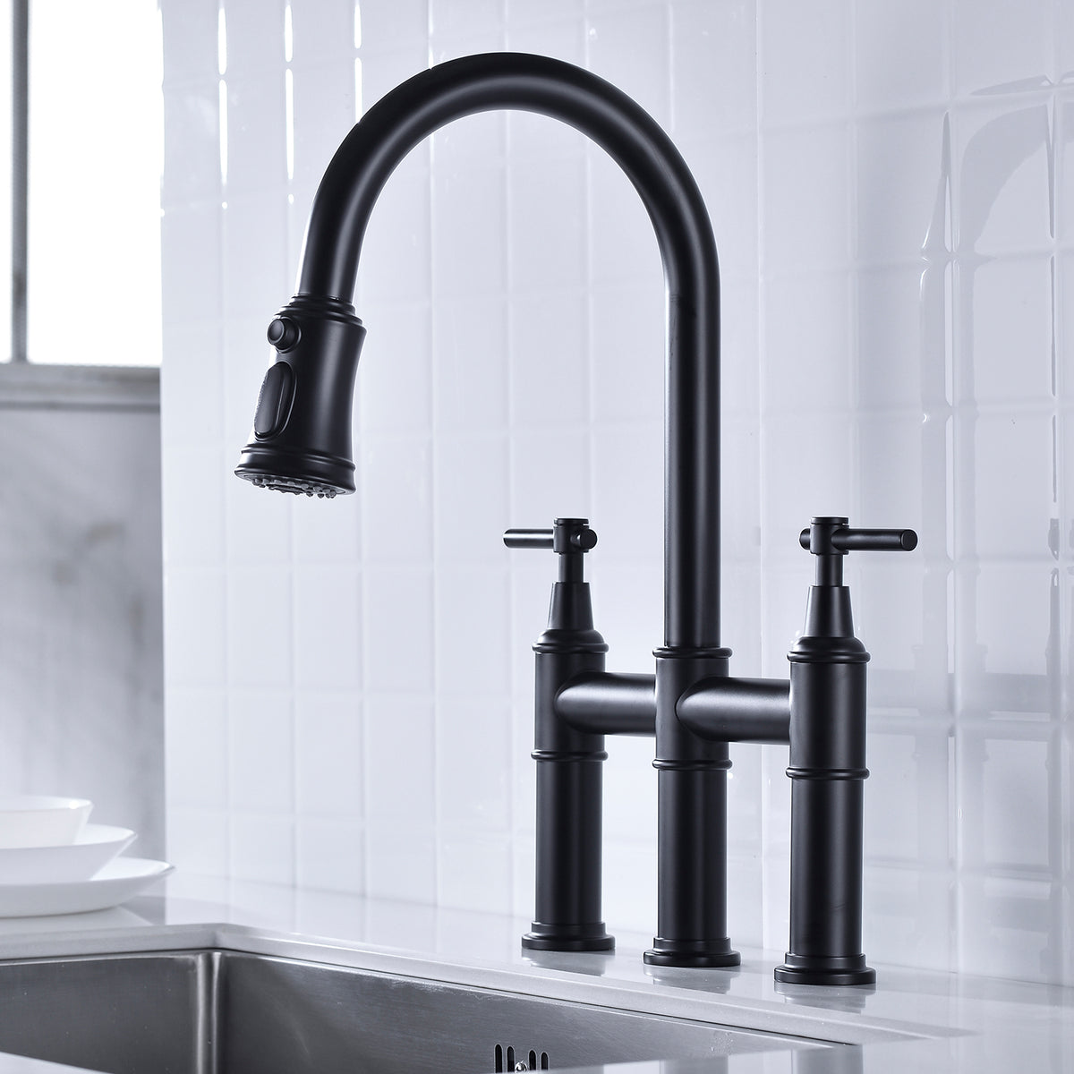 Bridge Kitchen Faucet with Pull-Down Sprayhead