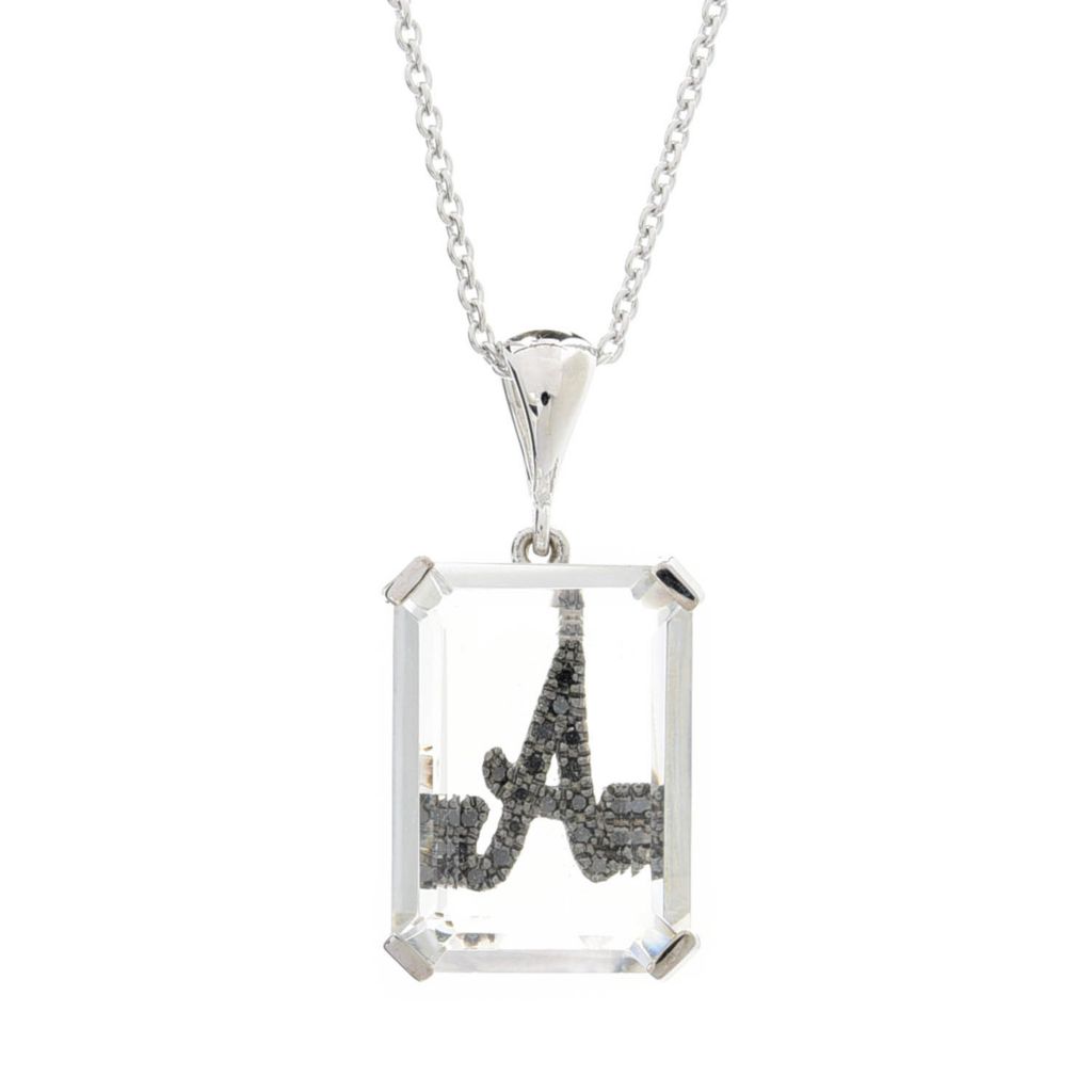 Sterling Silver 18x13mm White Quartz & Black Diamond Initial Pendant w/ Chain