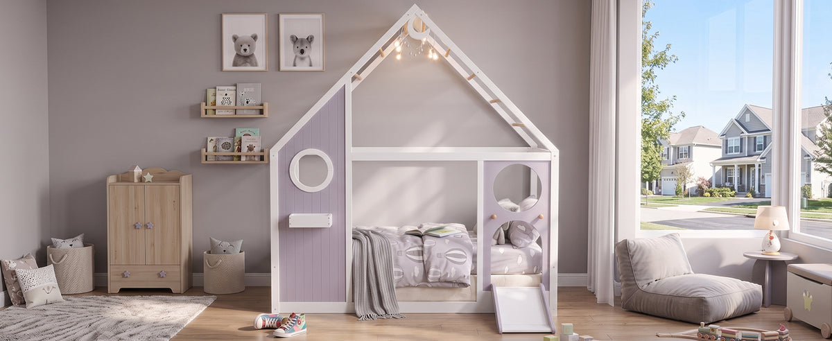 Twin House Bed with Slide and Light Strip