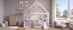 Twin House Bed with Slide and Light Strip