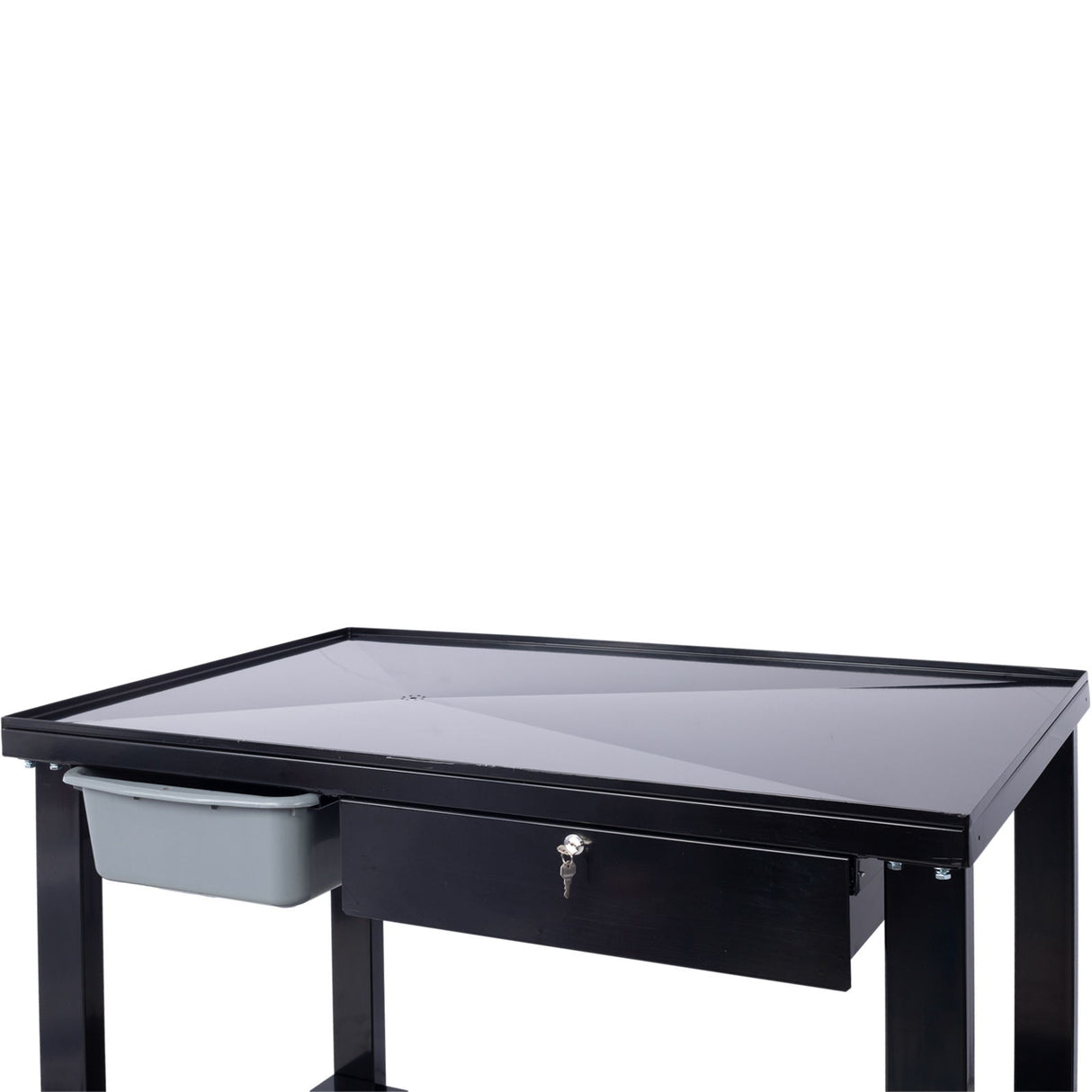 Transmission Teardown Work Station 1 / 2 Ton Capacity Sloping Drain Table Locking Drawer Removable Drain Basin Full-Width Lower Shelf Four 4" Caster Wheels