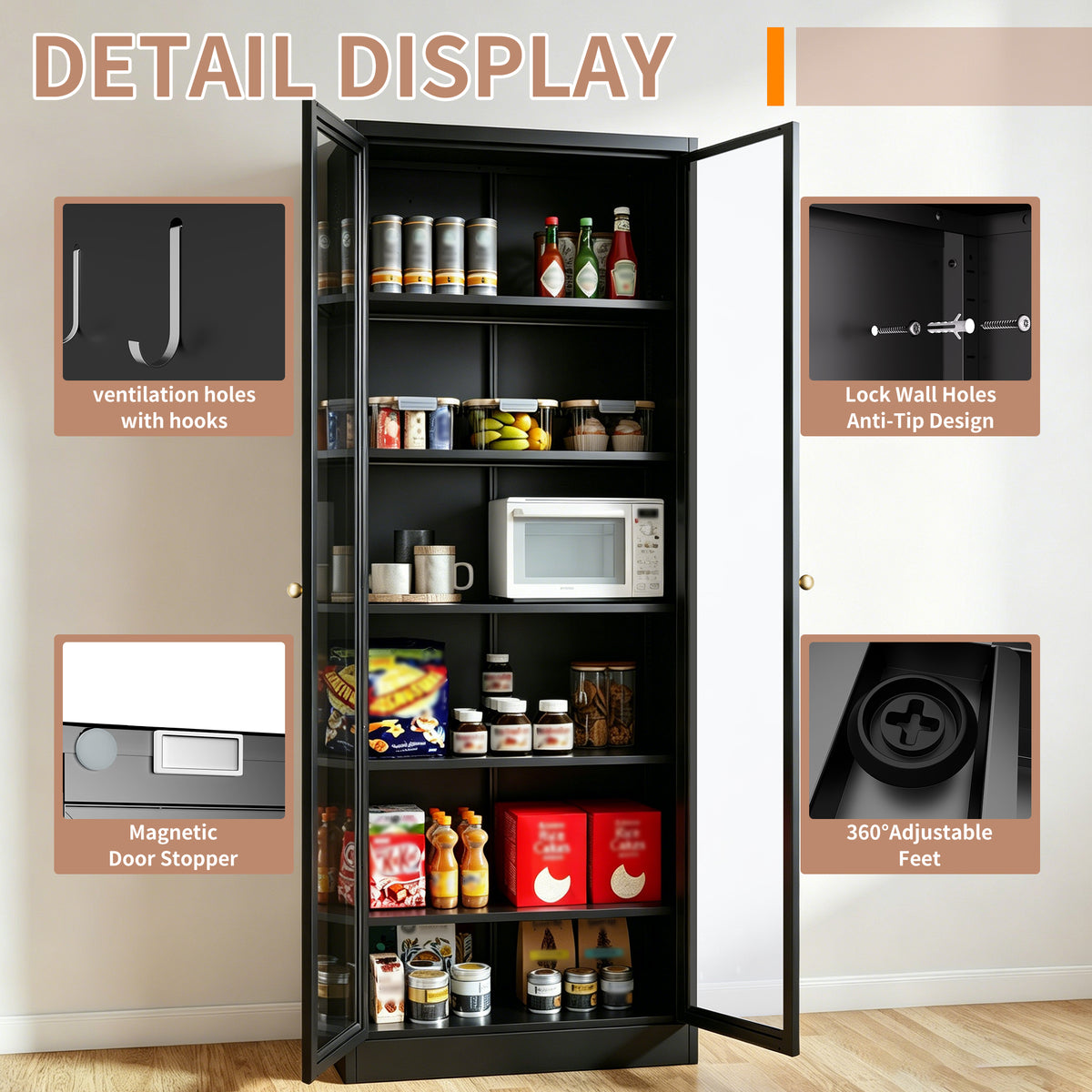Metal Kitchen Pantry Cabinet with 5 Adjustable Shelves - Steel