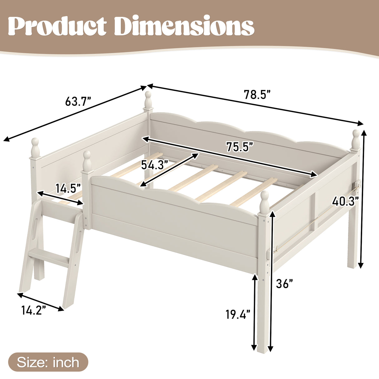 Full Size Low Loft Bed with Full-Length Guardrails