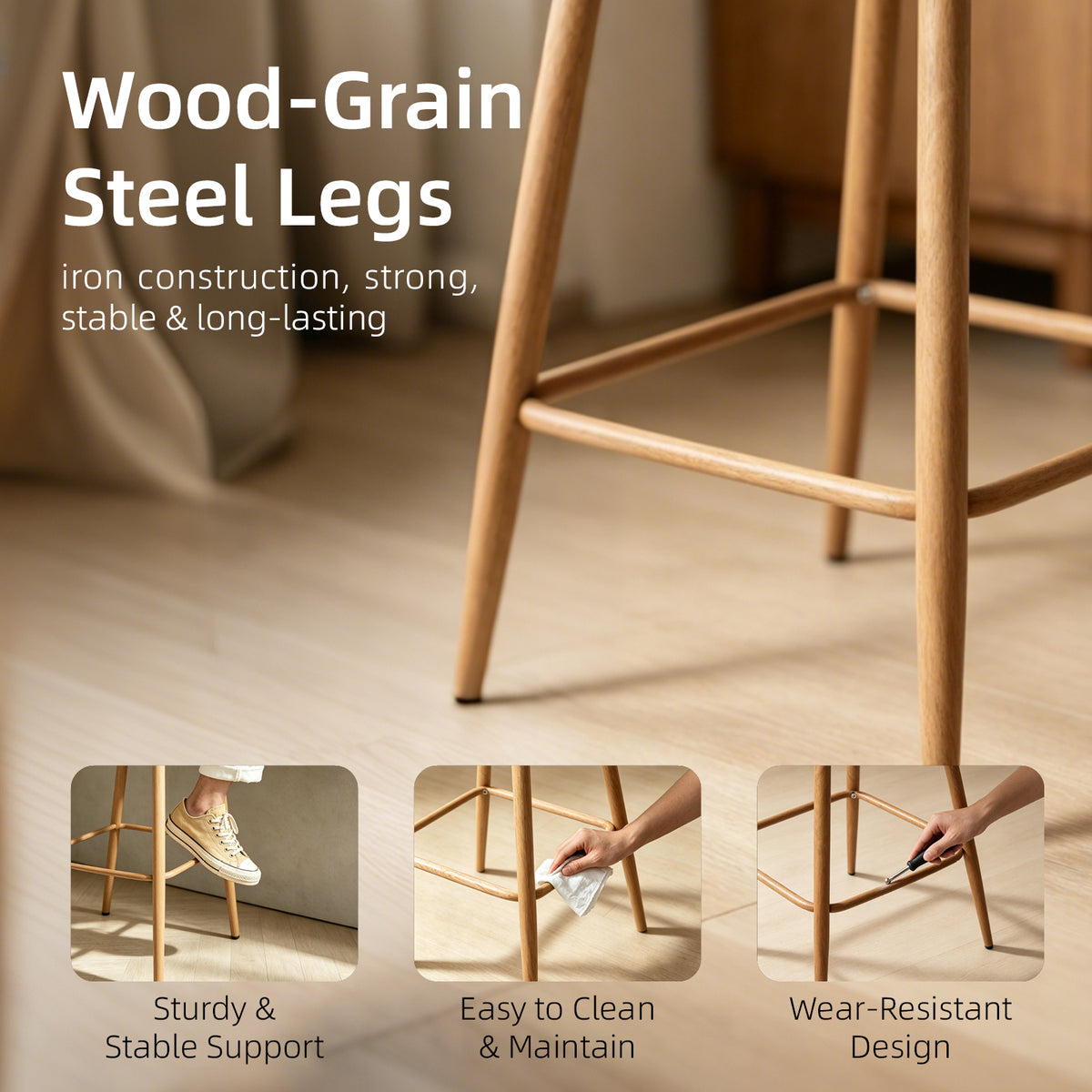 Set of 2 Modern Upholstered Bar Stools with Rattan Backrest