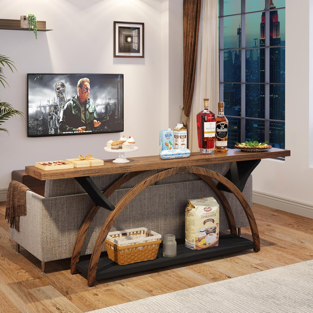 Console Table With 2 Tier Storage And Half Moon Frame For Hallway - Brown / Black