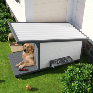 Modern Design Outdoor Dog House With Food Bowl And Wheels Pine - Gray / White