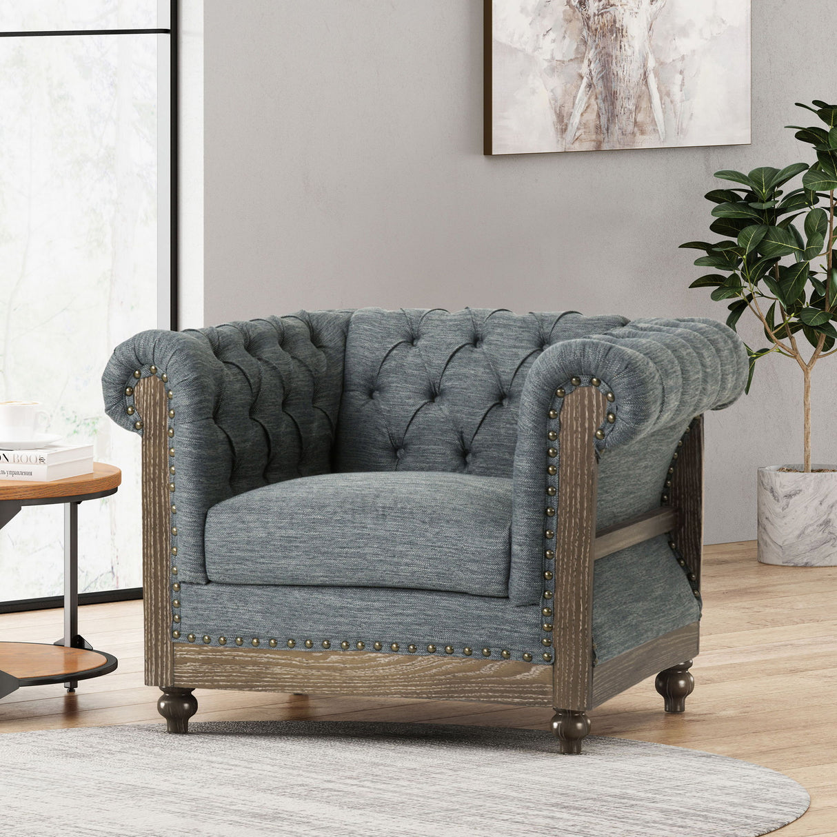 Fabric Upholstered Club Chair With Scrolled Tuxedo Arms