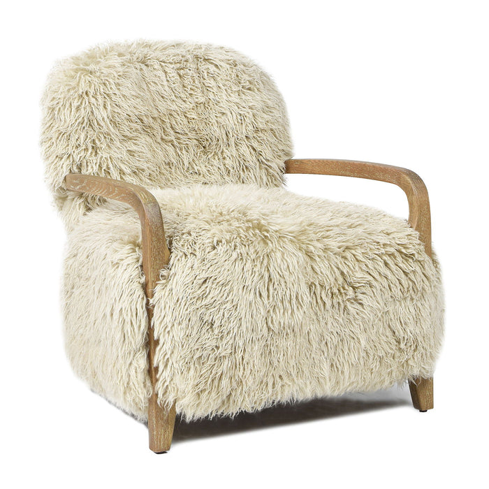 New Zealand Sheepskin Accent Arm Chair with Oak Arms - Taupe / Natural