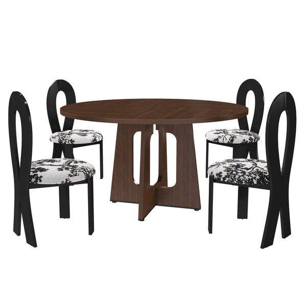 Round Dining Table For 4 With 4 Upholstered Chairs - Walnut / Black