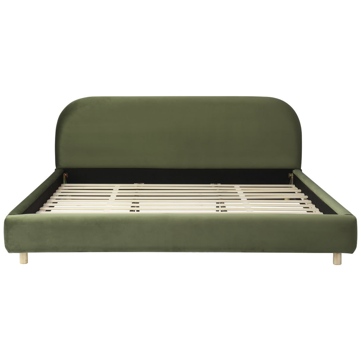 California King Size Upholstered Bed Frame With Velvet Fabric And Curve Design Thick Headboard, Solid Wood Legs, Olive