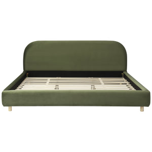 California King Size Upholstered Bed Frame With Velvet Fabric And Curve Design Thick Headboard, Solid Wood Legs, Olive