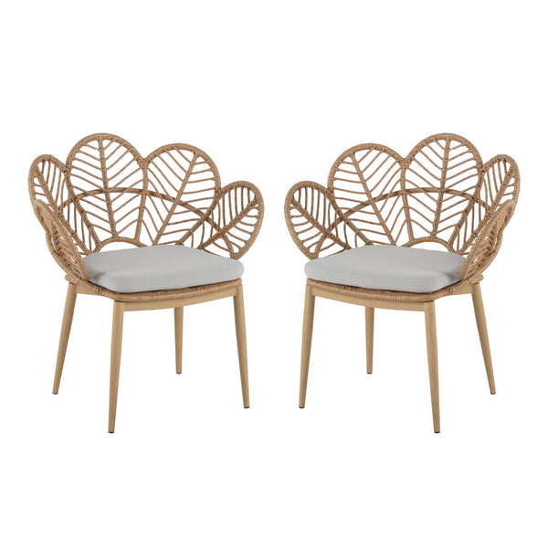 Kirk - Outdoor Wicker Peacock Shape Papasan Style Chair, Teak Finished Leg (Set of 2) - Beige / Light Brown / Light Teak