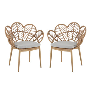 Kirk - Outdoor Wicker Peacock Shape Papasan Style Chair, Teak Finished Leg (Set of 2) - Beige / Light Brown / Light Teak