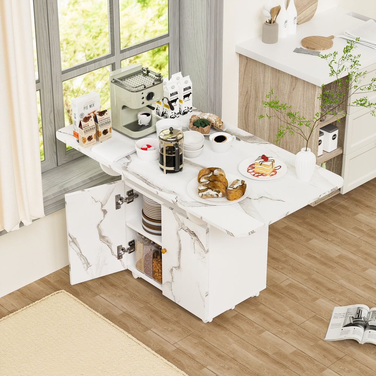 Versatile Marble Folding Dining Table With Storage Rack And Cabinet, 6 Wheels - White