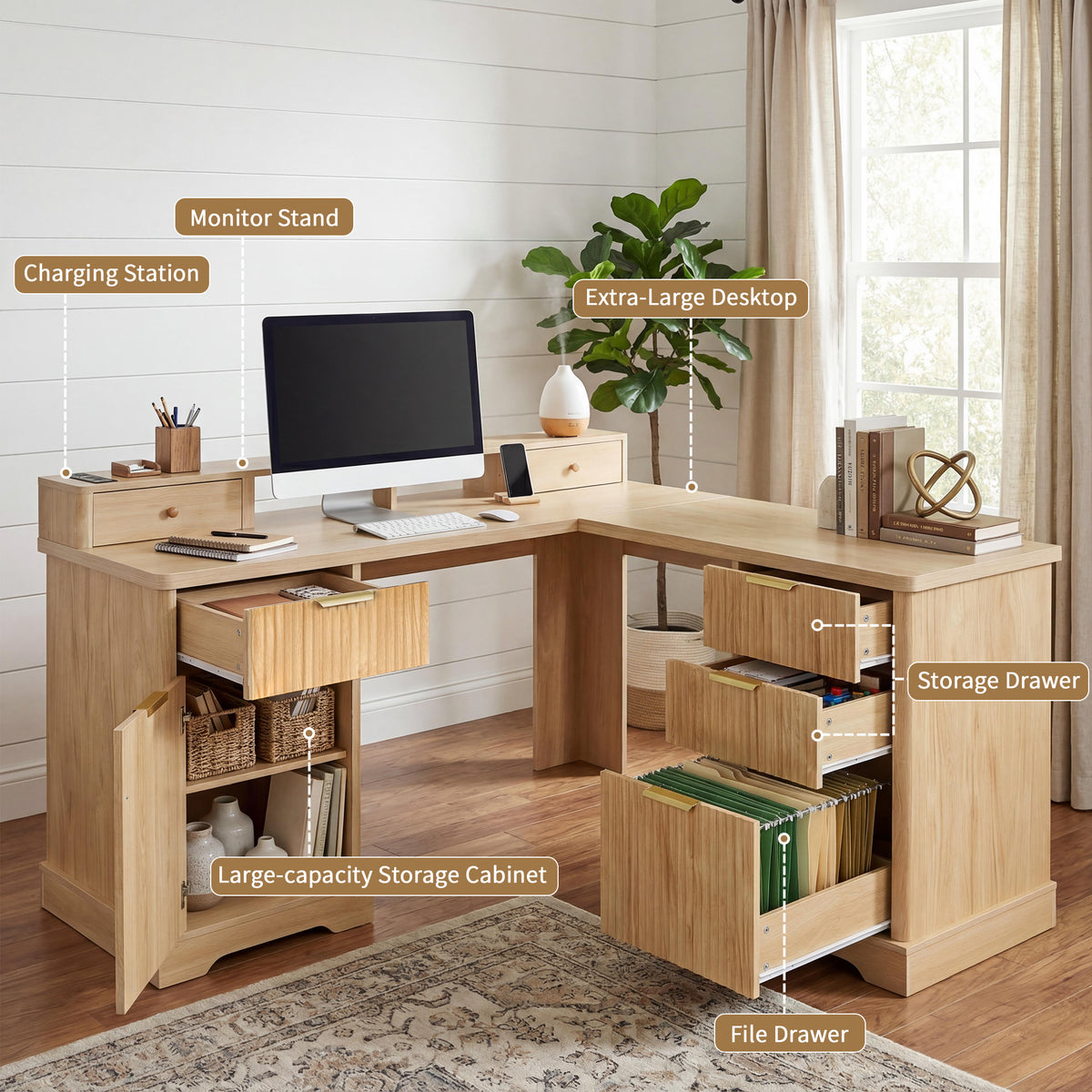 59" Modern Fluted L-Shaped Desk with Charging Station & Storage