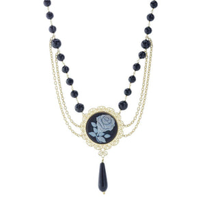 Graziella 23K Gold Plated Carved Rose & Black Onyx Multi Strand Necklace