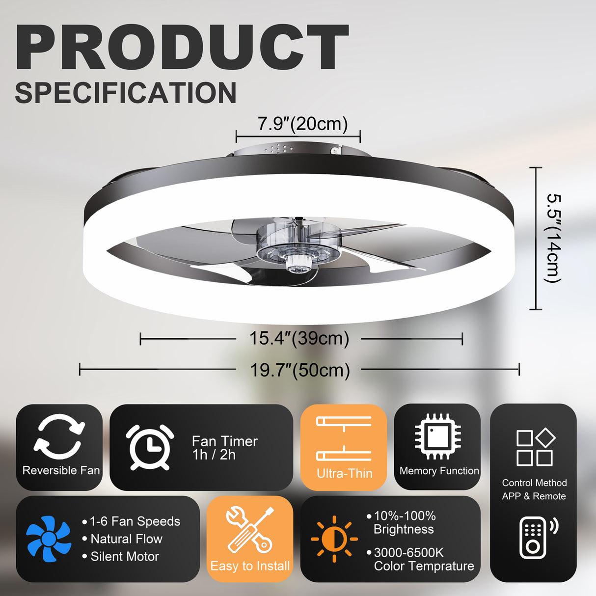 19.7" LED Ceiling Fan Light with Remote & App Control