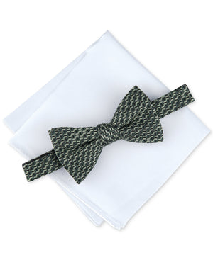 Alfani Men's Pre-Tied Geo Bow Tie & Solid Pocket Square Set - Green