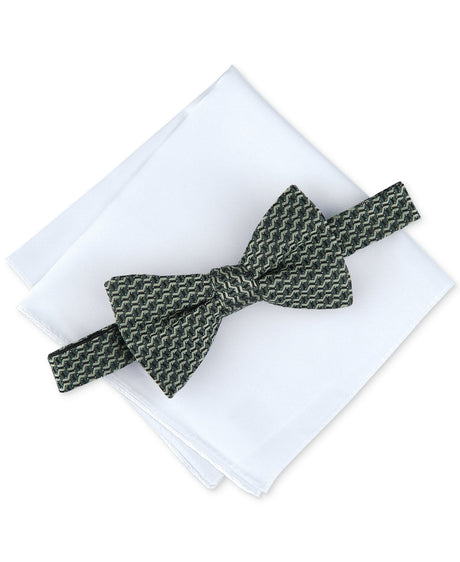 Alfani Men's Pre-Tied Geo Bow Tie & Solid Pocket Square Set - Green