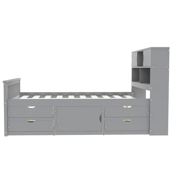 Captain Platform Bed Frame With Bookcase Headboard, 4 Drawers, Storage Shelves