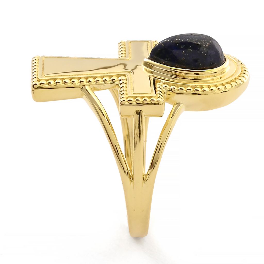 Passport to Egypt 18K Gold Plated 8x6mm Pear Shape Lapis Ankh Cross Ring