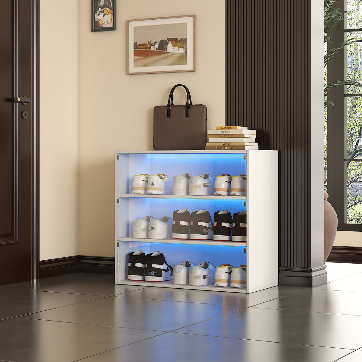 White Glass Door Shoe Storage Cabinet with RGB LED Light