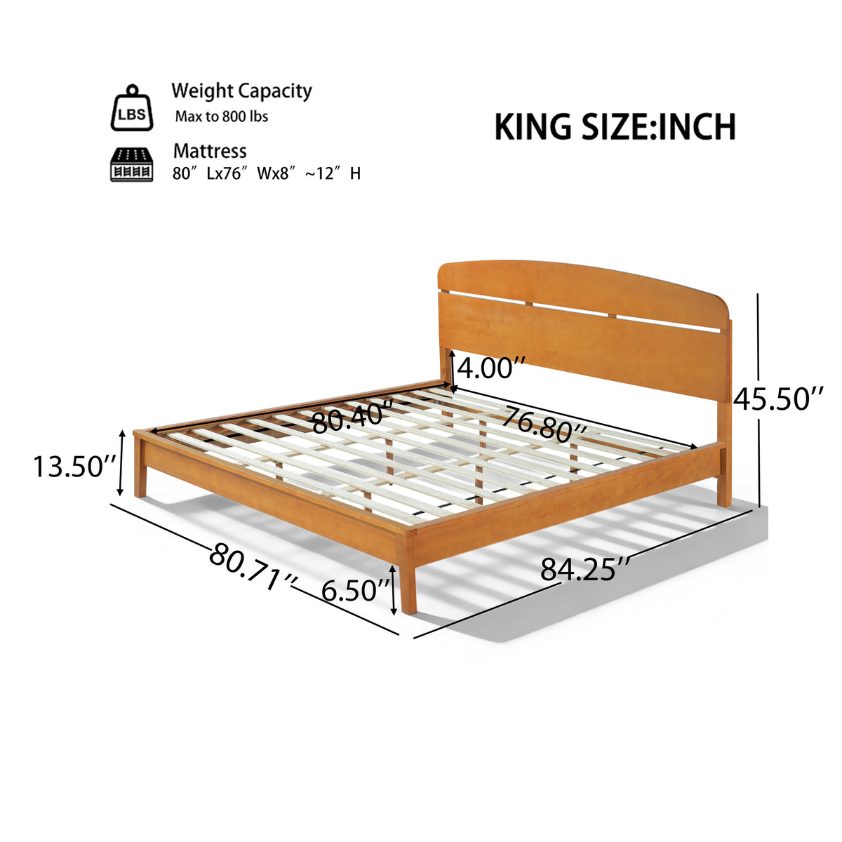 King Size Solid Wood Platform Bed with Curved Headboard