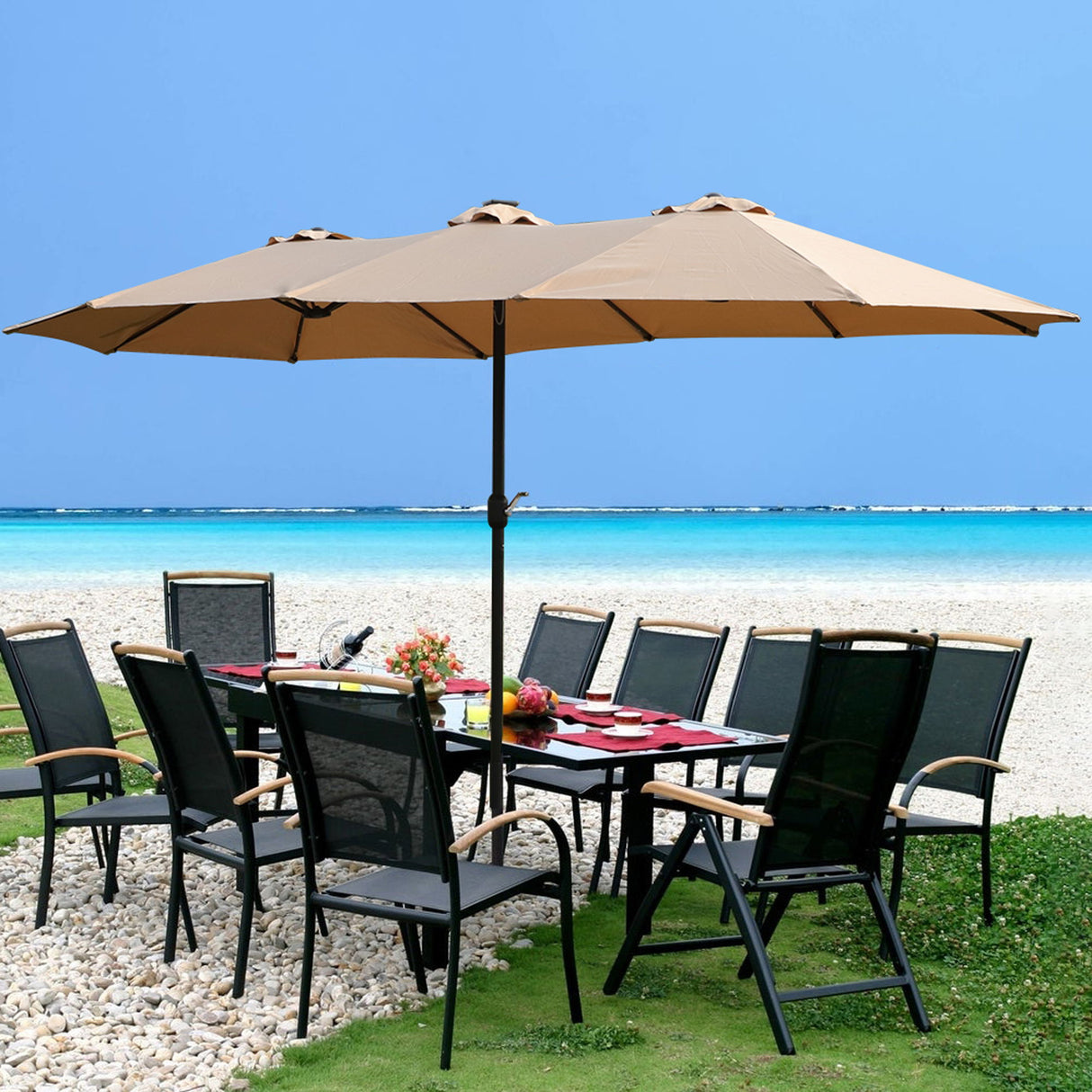 Double- Sided Outdoor Market Umbrella With Lights And Base