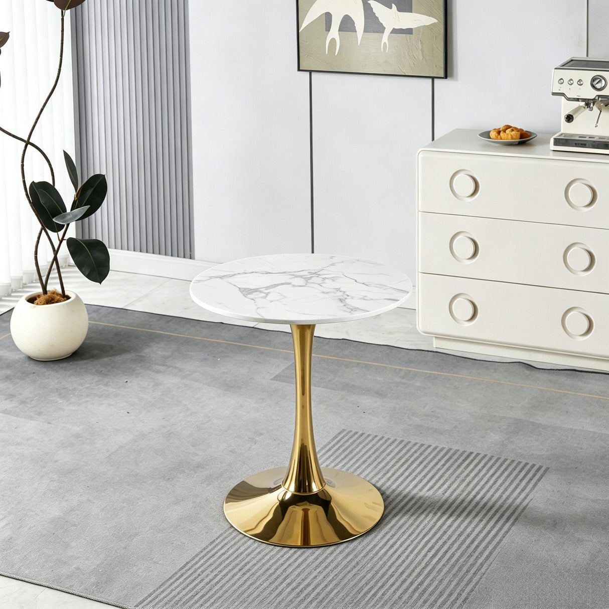 White Marble Tulip Dining Table with Golden Legs
