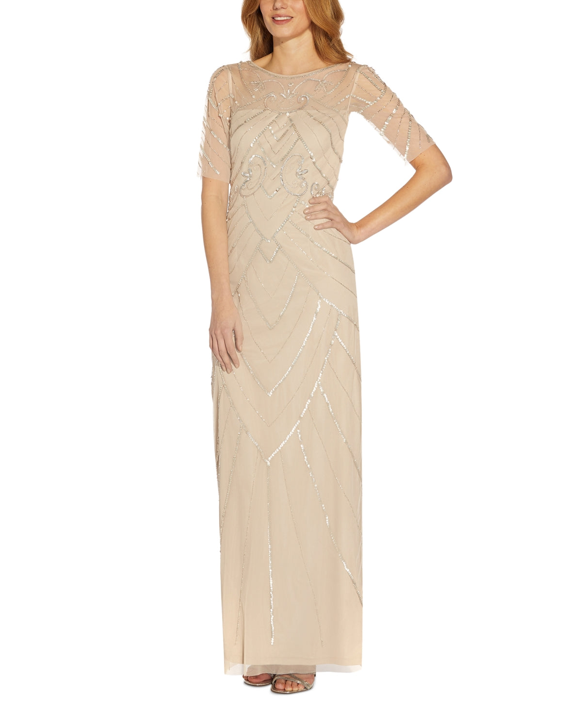 Papell Studio Women's Beaded Elbow-Sleeve Gown