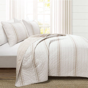 LushDecor Farmhouse Stripe Reversible Cotton Quilt Set in Neutral - view 2