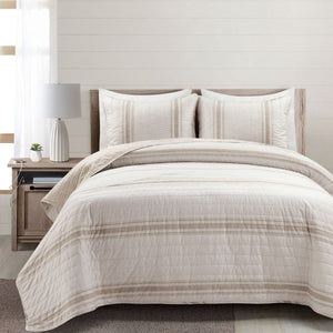 LushDecor Farmhouse Stripe Reversible Cotton Quilt Set in Neutral