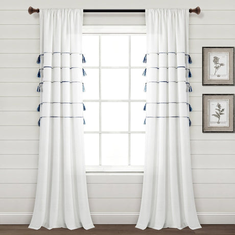 Farmhouse Boho Stripe Woven Tassel Recycled Cotton Window Curtain Panel Set
