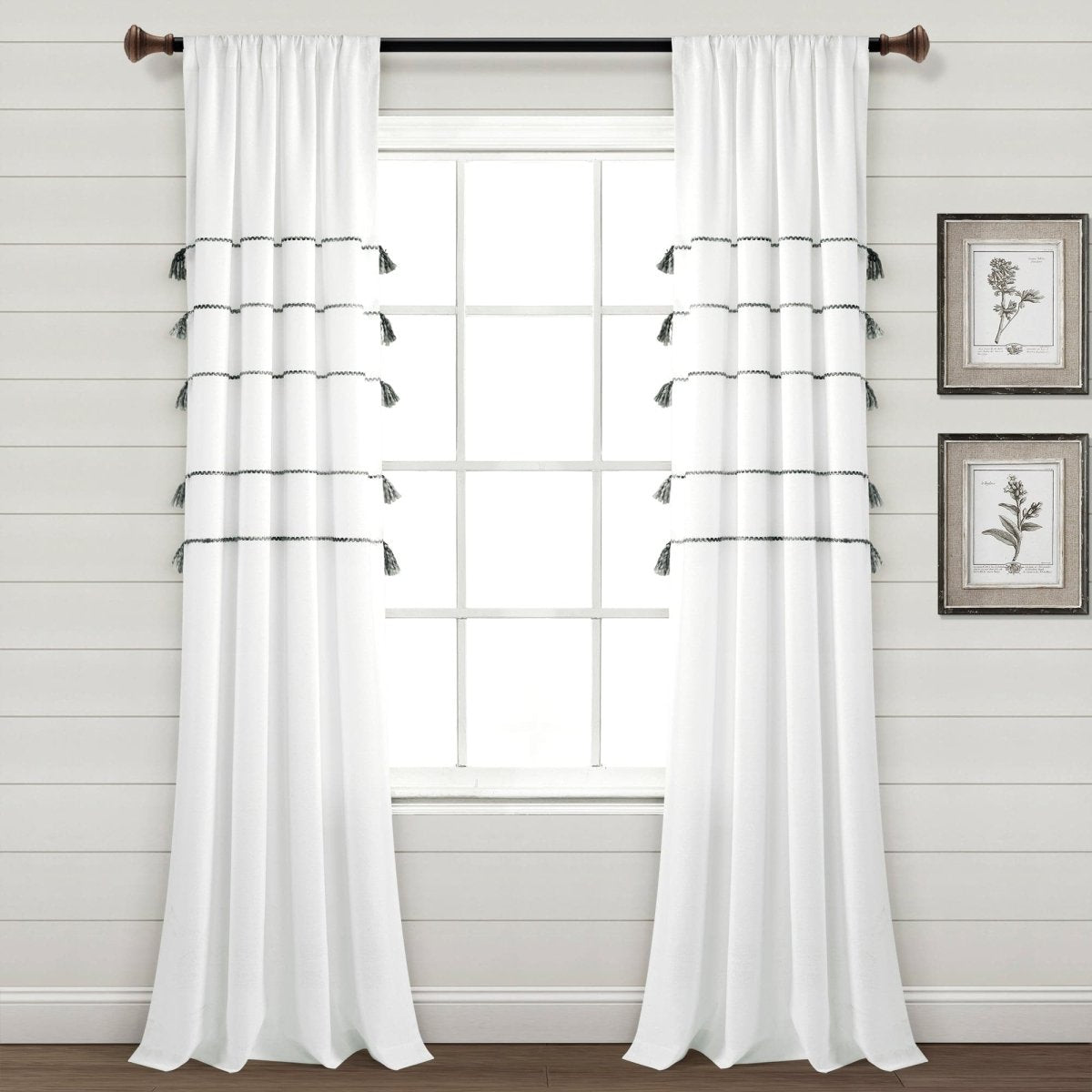Farmhouse Boho Stripe Woven Tassel Recycled Cotton Window Curtain Panel Set