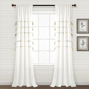 Farmhouse Boho Stripe Woven Tassel Recycled Cotton Window Curtain Panel Set