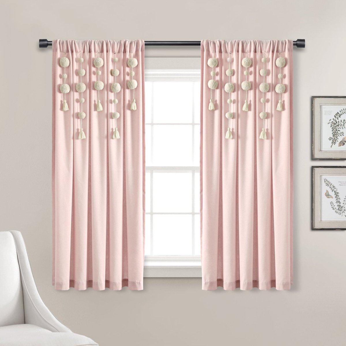 Boho Pom Pom Tassel Faux Linen Window Curtain Panel